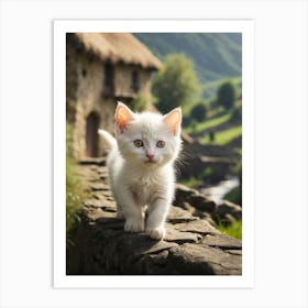 White Kitten On A Stone Wall 1 Art Print