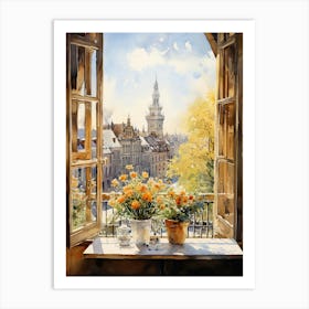 Window View Of Warsaw Poland In Autumn Fall, Watercolour 1 Art Print