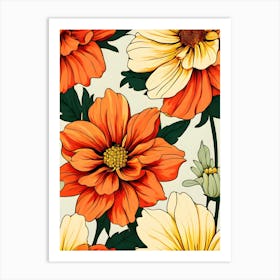 Seamless Pattern With Orange Flowers Art Print