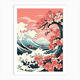 Great Wave With Plumeria Flower Drawing In The Style Of Ukiyo E 4 Art Print