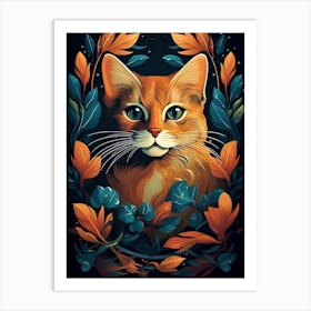 Orange Cat With Leaves Art Print