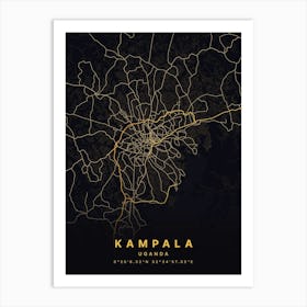 Kampala Uganda Black And Gold Map Art Print