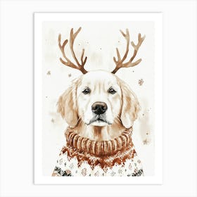 Golden Retriever In Christmas Jumper And Antlers Neutral Art Print