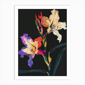 Neon Flowers On Black Gladiolus 4 Art Print