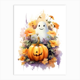 Cute Ghost With Pumpkins Halloween Watercolour 12 Art Print