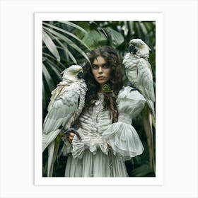 Woman With Parrots in jungle Art Print