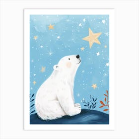 Polar Bear Looking At A Starry Sky Storybook Illustration 2 Art Print