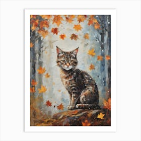 Cottagecore Wild Cat in Autumn Forest - Acrylic Paint Little Fall Wild Kitten Tabby Looking Art with Falling Leaves at Night on a Sunlight Day, Perfect for Witchcore Cottage Core Pagan Tarot Celestial Zodiac Gallery Feature Wall Beautiful Woodland Creatures Series HD Art Print