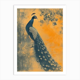 Orange & Blue Floral Vintage Peacock Art Print