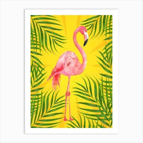 Pink Flamingo With Palm Leaves Art Print