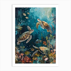 Sea Turtles With A Coral Reef Expressionism Style Painting 8 Art Print