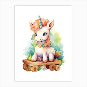 Baby Unicorn On A Toy Car, Watercolour Nursery 3 Art Print