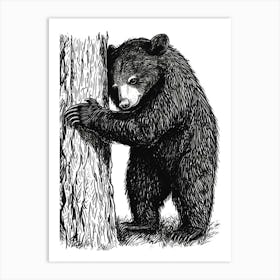 Malayan Sun Bear Scratching Its Back Against A Tree Ink Illustration 2 Art Print
