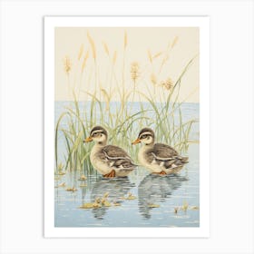Pair Of Ducklings In The Water Japanese Woodblock Style 3 Art Print