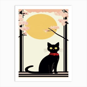 Black Cat With Cherry Blossoms Art Print