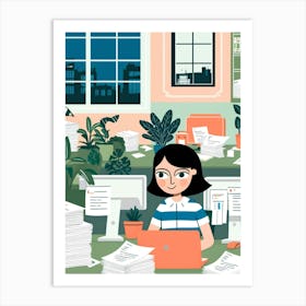 Illustration Of A Woman Working In An Office Art Print