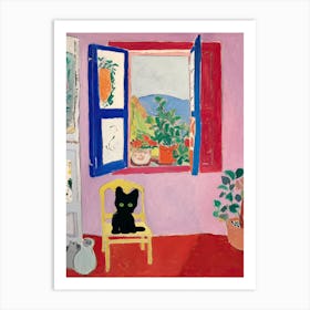 Black Cat And An Open Window With A Yellow Chair Art Print