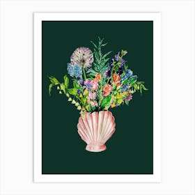 Flowers In Shell Vase Teal Art Print