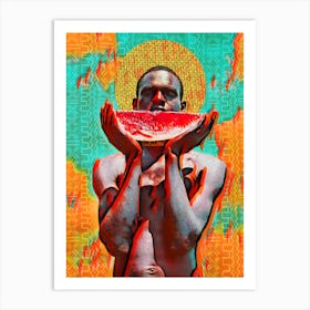Colourful African Art Print of Man watermelon African print orange Art Print