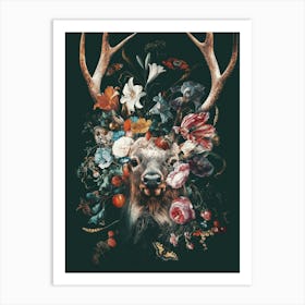 Deer Head with Flowers Art Print