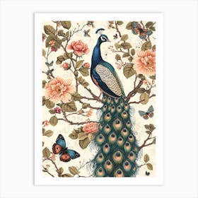 Peacock With Butterflies Vintage Wallpaper Style 2 Art Print
