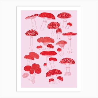 Pink And Red Illustrated Mushroom Art Print