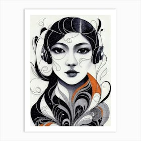 Asian Girl With Headphones Art Print