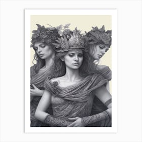 Three Muses, Greek Mythology B&W Drawing 2 Art Print