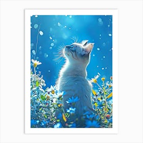 Cat In Blue Flowers Art Print