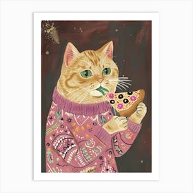 Cat In A Sweater Pizza Lover Folk Illustration 5 Art Print