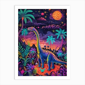 Abstract Neon Dinosaurs In Jurassic Landscape 1 Art Print