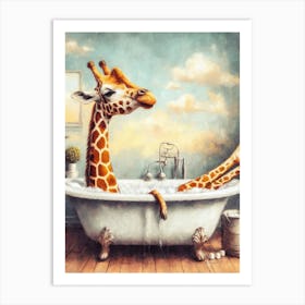 Giraffe In Bath Art Print