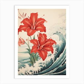 Great Wave With Amaryllis Flower Drawing In The Style Of Ukiyo E 1 Art Print
