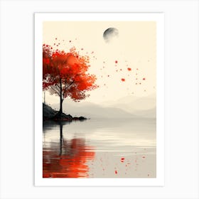 Red Tree By The Lake Art Print