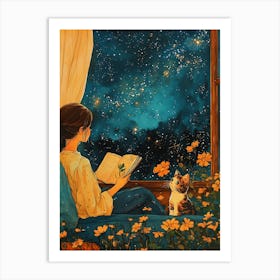 Girl Reading Book with Her Cat 2 Art Print