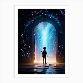 Silhouette Of A Whimsical Child Figure Partways Emerging From A Swirling Portal Polychrome Particl 2 Art Print