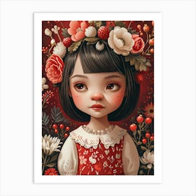 Little Girl With strawberries and Flowers Art Print