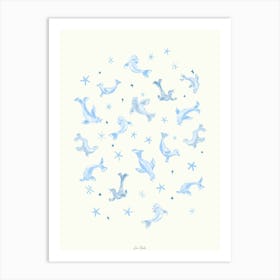 Blue Playful Seals Starfish and Snowflakes Art Print