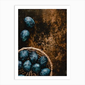 Blue Eggs In A Basket On A Dark Background Art Print