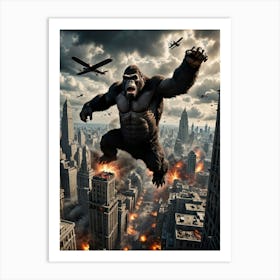 Skyscraper Battle: The Giant Gorilla’s Climb Amidst Explosive Skies Art Print