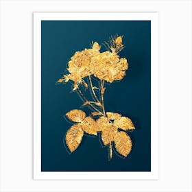 Vintage Damask Rose Botanical in Gold on Teal Blue n.0180 Art Print