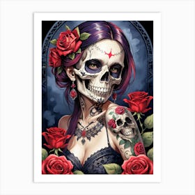 Sugar Skull Girl With Roses Painting (25) Art Print