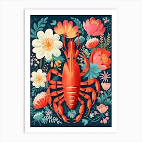 Summer Lobster And Flowers Illustration 2 Art Print