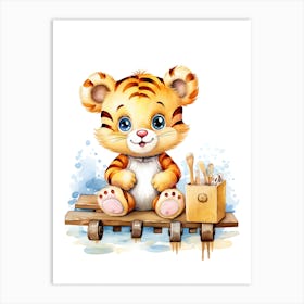 Baby Tiger On A Toy Car, Watercolour Nursery 6 Art Print