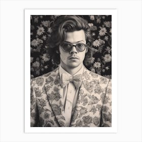 Harry Styles Kitsch Portrait B&W 4 Art Print