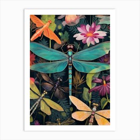 Dragonfly Collage Bright Colours 10 Art Print