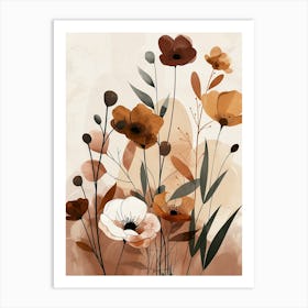 Flowers In Beige, Brown And White Tones, Using Simple Shapes In A Minimalist And Elegant 12 Art Print