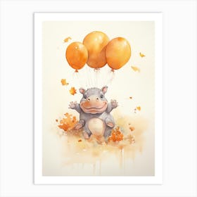 Hippopotamus Flying With Autumn Fall Pumpkins And Balloons Watercolour Nursery 2 Art Print