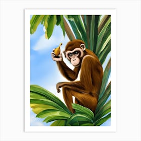 Monkey Holding A Banana In A Palm Tree Painting Art Print