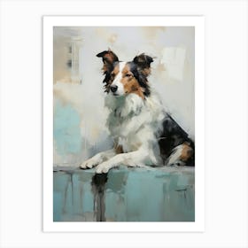 Border Collie Dog, Painting In Light Teal And Brown 0 Art Print